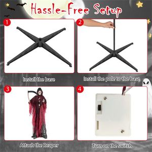 Scheletro/Sfalce di Halloween da 2,4 m con Suoni Spaventosi, Occhi Rossi Lampeggianti e Braccia Regolabili - Dettagli Realistici - Product Image 4