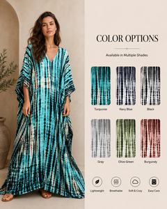 Venta al por mayor de fábrica: Nuevo vestido largo maxi caftán azul con estampado tie-dye para mujer, cuello en V moderno, ideal para playa, cintura natural, para todas las estaciones. - Product Image 2