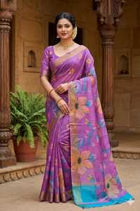 <b>Purple</b> Floral DIGITAL PRINT GACHI TASSAR Silk <b>Saree</b> For Women Traditional Wedding Wear Floor Length Wrinkle Free Regular Fit - Product Image 1