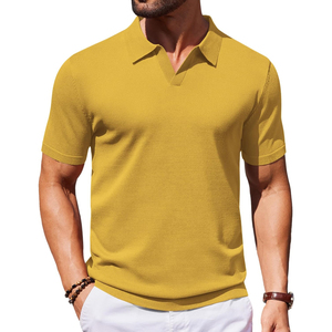 Polo à manches courtes en tricot gris clair pour homme, décontracté, couleur unie, respirant, coupe classique, tissu en coton - Product Image 5
