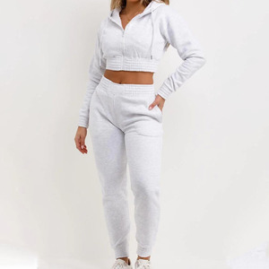 Women's <b>White</b> Hooded Cropped Zip-Up Sweatshirt And Full-Length <b>Jogger</b> Pants Tracksuit Set Casual Solid Color Autumn Wear - Product Image 4