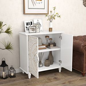 Buffet en bois blanc avec sculptures florales, armoire à 2 portes, meuble d'appoint décoratif, credenza de rangement pour salon ou entrée - Product Image 2
