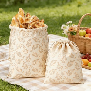 Ensemble de sacs à pain en coton réglables avec cordon de serrage, lavables, imprimés motif feuille, écologiques, résistants à l'eau, durables, réutilisables pour le rangement - Product Image 4