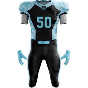 Uniforme de Fútbol Americano Sublimado Personalizado, Jersey Negro y Azul Claro para Hombre con Número 50, Manga Corta Ajustada - Product Image 1