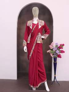 Exclusivo Saree de Seda Crepe con Diseño de Diseñador y Blusa Elegante, Estilo Étnico Moderno, Última Tendencia India, Ropa de Fiesta Modesta para Mujer - Product Image 2