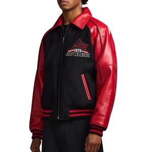 Veste bomber classique en laine noire Avirex pour homme avec col rouge |   Vêtements d'extérieur Heritage Aviation avec logo frontal, streetwear urbain haute visibilité - Product Image 3