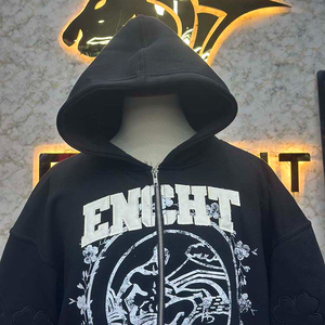 Fresh Material Trending Design Zipper Distressed Hoodie <b>Rhinestone</b> Zip up <b>Jacket</b> Acid Wash Men Fleece Streetwear Hoodie - Product Image 3