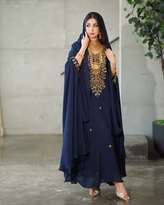 Kaftan long Awais House pour femme, bleu marine, brodé, en polyester, coupe ample, col cœur, manches longues, style Moyen-Orient - Product Image 2