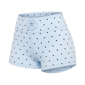 Shorts pour femmes en tissu polyester et élasthanne GSM, design à pois lime, logo personnalisé par transfert thermique. - Product Image 5