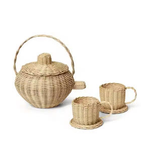 Natural rattan <b>tea</b> <b>set</b> for children, pretend <b>play</b> cooking <b>set</b>, lightweight and eco-friendly. - Product Image 1
