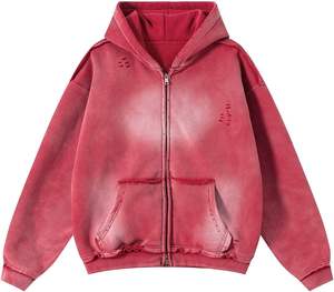 Sudadera con capucha extragrande desgastada con cremallera completa, estilo streetwear, de tejido grueso y corte holgado, con lavado vintage, estilo urbano y hip hop - Product Image 4