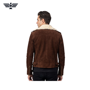Blouson aviateur homme en cuir véritable marron écologique avec col en fausse fourrure, fermeture éclair, style motard, coupe slim, automne - Product Image 4