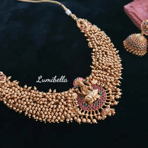Gold Rhodium Plated Temple Style Choker and Earring Set Trendy Bridal Jewelry - Product Image 1