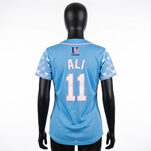 Camiseta de Softbol Personalizada Azul Cielo para Mujer, Sublimada con Mariposas, Nombre y Número Bordados, con Botones, para Equipo Femenino - Product Image 3