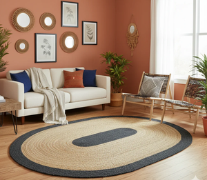 Alfombra Ovalada de Algodón Negro con Yute Natural, Hecha a Mano por Nhat Minh, Venta al por Mayor, Vietnam, Decoración para Hoteles, Resorts, Hogares, Alfombra de Yute - Product Image 6