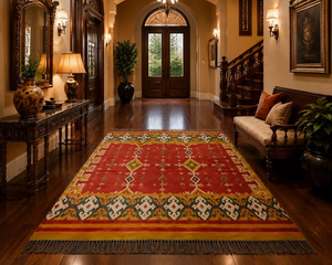 Tapis d'intérieur en laine et jute tissé à la main, coloré, style bohème, géométrique, kilim, rouge, jaune, tribal, moderne, pour salon, avec franges - Product Image 4