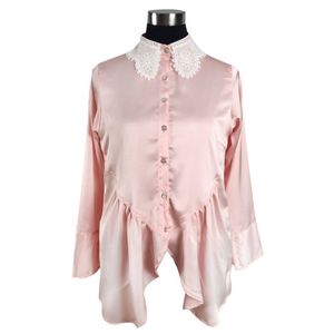 Blusa de Satén Rosa para Mujer con Cuello Peter Pan de Encaje, Dobladillo Asimétrico, Manga Larga, Corte Holgado, Estilo Dulce, con Botones - Product Image 1
