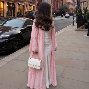 Luxury Pink Lace Modest Kaftan Women Premium Dubai Style Open Front <b>Abaya</b> <b>Prayer</b> Wear Maxi Floral Lace - Product Image 1