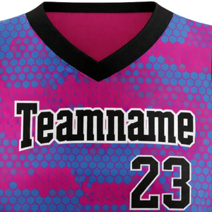 Maillot de softball sans manches à sublimation intégrale, motif hexagonal rose et bleu, col en V, uniforme d'équipe personnalisé avec numéro au dos - Product Image 5