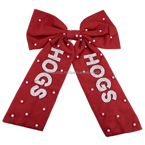 Lazo de satén negro personalizado para animadoras con letras naranjas y puntos de diamantes de imitación, accesorios para el cabello para fiestas de espíritu de equipo infantil - Product Image 5