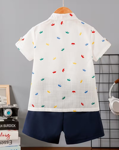 Baby Boys 2pcs Crown Print Cotton T-Shirt & Shorts Set Summer Casual Breathable Mandarin Collar Short Sleeve Outfit - Product Image 2