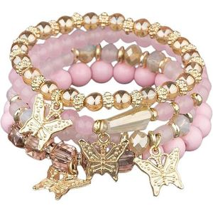 Set di 4 Braccialetti Boho con Farfalle e Cristalli, Elastici con Ciondoli, Perline Dorate, Impilabili e Colorati per Donne - Product Image 1