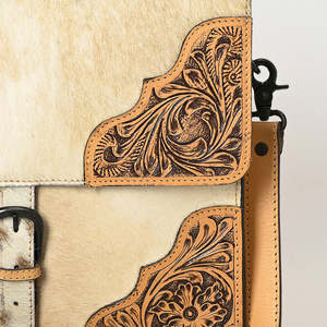 Vintage Cow <b>Leather</b> Briefcase With Hand Tooled Floral Design Buckle Closure Adjustable Strap Unisex Soft <b>Bag</b> - Product Image 4