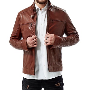 Veste de motard slim fit en cuir marron clair pour homme, entièrement personnalisée, avec veste avant 100% cuir d'agneau véritable. - Product Image 1