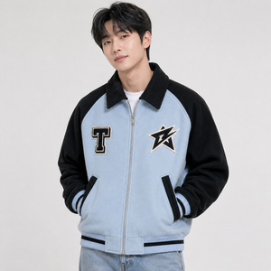 Light Blue Black Sleeve Varsity <b>Jacket</b> Men Preppy Style Embroidered Letter T <b>Star</b> Patch Zipper Front College <b>Jacket</b> - Product Image 3