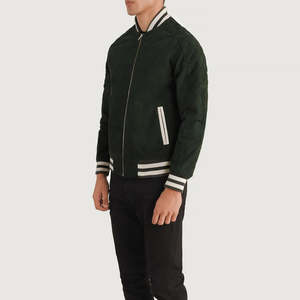 Furat Leathers Custom Green <b>Suede</b> <b>Men's</b> Winter Windproof Varsity <b>Jacket</b> Stand Collar Zipper Closure Personalized Embroidered - Product Image 4