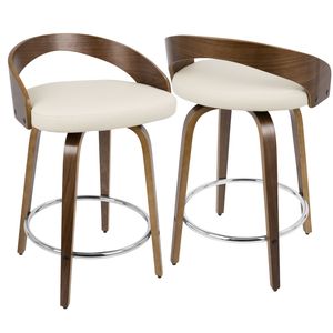 Grotto Mid-Century Modern Counter <b>Stool</b> Walnut with Cream Faux Leather <b>Swivel</b> Feature Set of 2 <b>Bar</b> <b>Stools</b> - Product Image 2