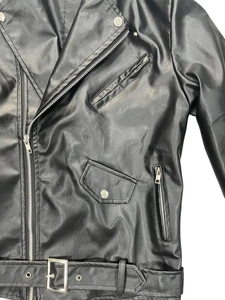 Chaqueta de cuero para hombre de alta calidad, estilo motero, con cuello de solapa, cremallera asimétrica, diferentes bolsillos y cinturón. - Product Image 3