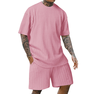 New Fashion Summer Men's Casual 2-Piece <b>Knitted</b> 300gram Solid Pattern Quick Dry Breathable T-Shirt and Shorts <b>Set</b> - Product Image 5