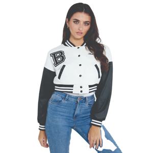 Veste universitaire en cuir véritable blanc et noir pour femme, style bomber classique, manches noires, patch brodé B, laine - Product Image 1
