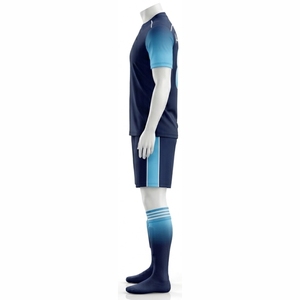 Ensemble de maillots de football unisexe bleu foncé avec accents bleu clair, manches courtes, col en V, évacuation de l'humidité, séchage rapide, imprimé par sublimation, élastique - Product Image 4