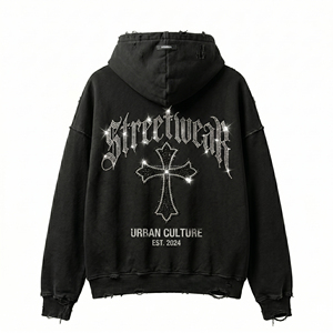 เสื้อฮู้ดดี้ผู้ชายแบบมีซับใน ปักลายตามสั่ง สไตล์สตรีทแวร์ ทรงโอเวอร์ไซส์ ผ้าหนา คุณภาพพรีเมียม ลุคยูบัน ดีไซน์ดิสเทรส ขายส่ง - Product Image 3