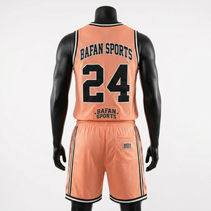 Ensemble maillot et short de basket-ball respirant en mesh premium 160 GSM, couleur pêche avec empiècements latéraux, logo personnalisé par transfert thermique pour homme - Product Image 3