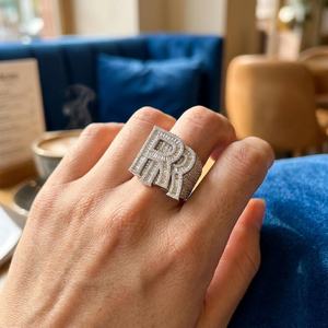 Double Letter <b>Ring</b> 925 Sterling <b>Silver</b> Iced Out VVS Moissanite Diamond Channel Setting Custom <b>Statement</b> <b>Ring</b> - Product Image 2