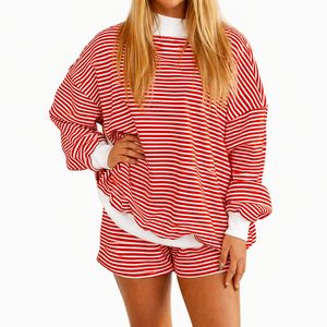 Blue Striped Oversized <b>Mock</b> <b>Neck</b> Sweatshirt Casual Long Sleeve Pullover Women Streetwear Cotton Fleece Wholesale Apparel - Product Image 3
