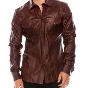 <b>Men's</b> <b>Brown</b> Leather <b>Shirt</b> Full Sleeve Casual Turn-down Collar Solid Color Autumn Wear - Product Image 6