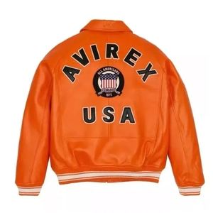 Veste bomber varsity en cuir d'agneau véritable orange HUNAR INDUSTRIES, unisexe, vente en gros |   Patch de protection américain imperméable à l'eau pour l'avant - Product Image 2
