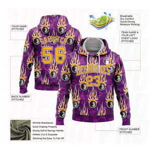 เสื้อฮู้ดดี้ปักลาย 3 มิติ สีม่วง ทอง ขาว ลายบิลเลียดสนุกเกอร์ 8 ลูก พร้อมลายเปลวไฟ Hotrod - Product Image 1