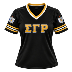 Maillot de hockey pour femmes Sigma Gamma Rho, noir, personnalisé, avec graphique SGRho Script, col en V, manches courtes, tenue sportive pour sororité grecque - Product Image 1