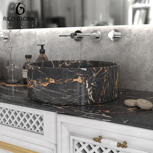 RICO GLOBAL Round Marble Vessel <b>Sink</b> Polished <b>Black</b> Gold Veins Top Mount Bathroom Basin Contemporary Design - Product Image 5