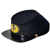 Reproducción de una gorra Kepi de artillería de la Guerra Civil Estadounidense con un distintivo cúpula roja, una banda gris oscuro y una visera de cuero negro.