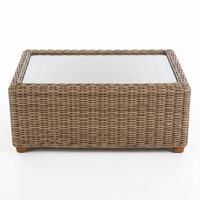 Table basse Saint Martinez en bois d'acajou et rotin gris tressé avec plateau en verre standard, mobilier de patio haut de gamme pour resort, fauteuil fait main