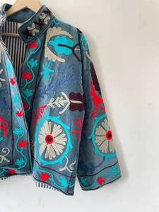 Handmade Indian Suzani Embroidery <b>Velvet</b> <b>Jacket</b> for <b>Women</b> Floral Embroidery Stripe Button Quilted <b>Jacket</b> At Wholesale Price - Product Image 3