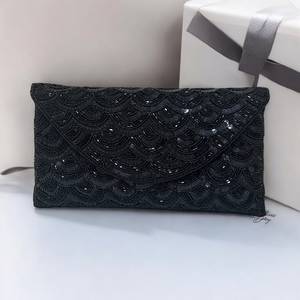 Black Beaded Envelope Clutch Jewelry Bag Magnetic <b>Snap</b> Closure Lightweight Modern Luxury Jewelry Storage Pouch Lined Interior - Product Image 5