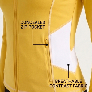 Sudadera deportiva amarilla con capucha y cremallera para mujer, de manga larga, tejida, para yoga y entrenamiento - Product Image 5
