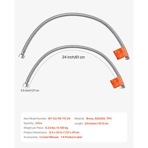 Confezione da 2 Connettori per Tubo Flessibile in Acciaio Inox Intrecciato da 24 Pollici, 3/8 Pollici Maschio x 1/2 Pollici Femmina, Linea di Alimentazione Idraulica per Rubinetti - Product Image 3